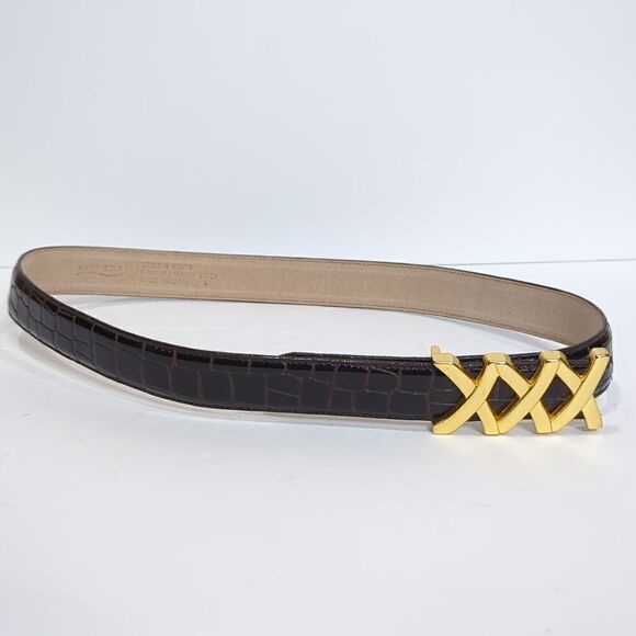 Amiee Lynn Italian Croc Leather Belt Black with Gold X Buckle Size Large - Picture 1 of 7